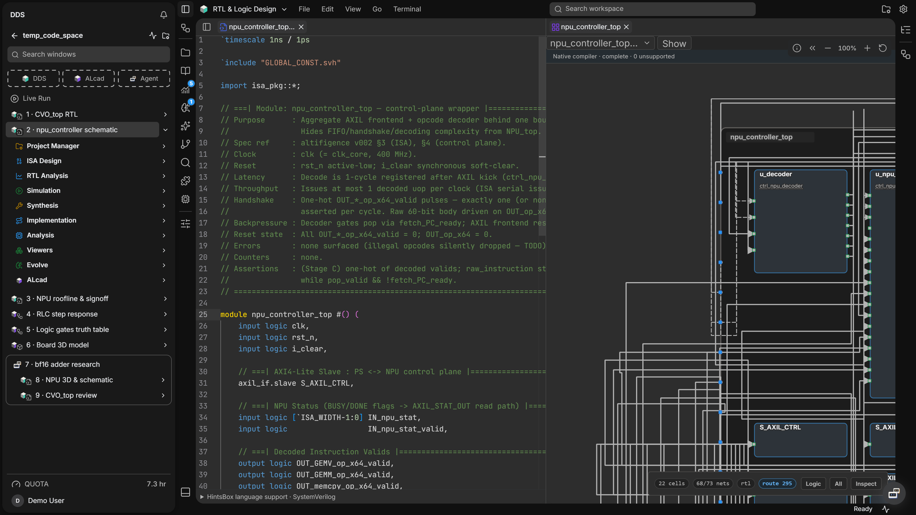 Digital Design Studio avec neuf fenêtres ouvertes dans le panneau de gauche et le code source RTL de npu_controller_top à côté de son schéma.