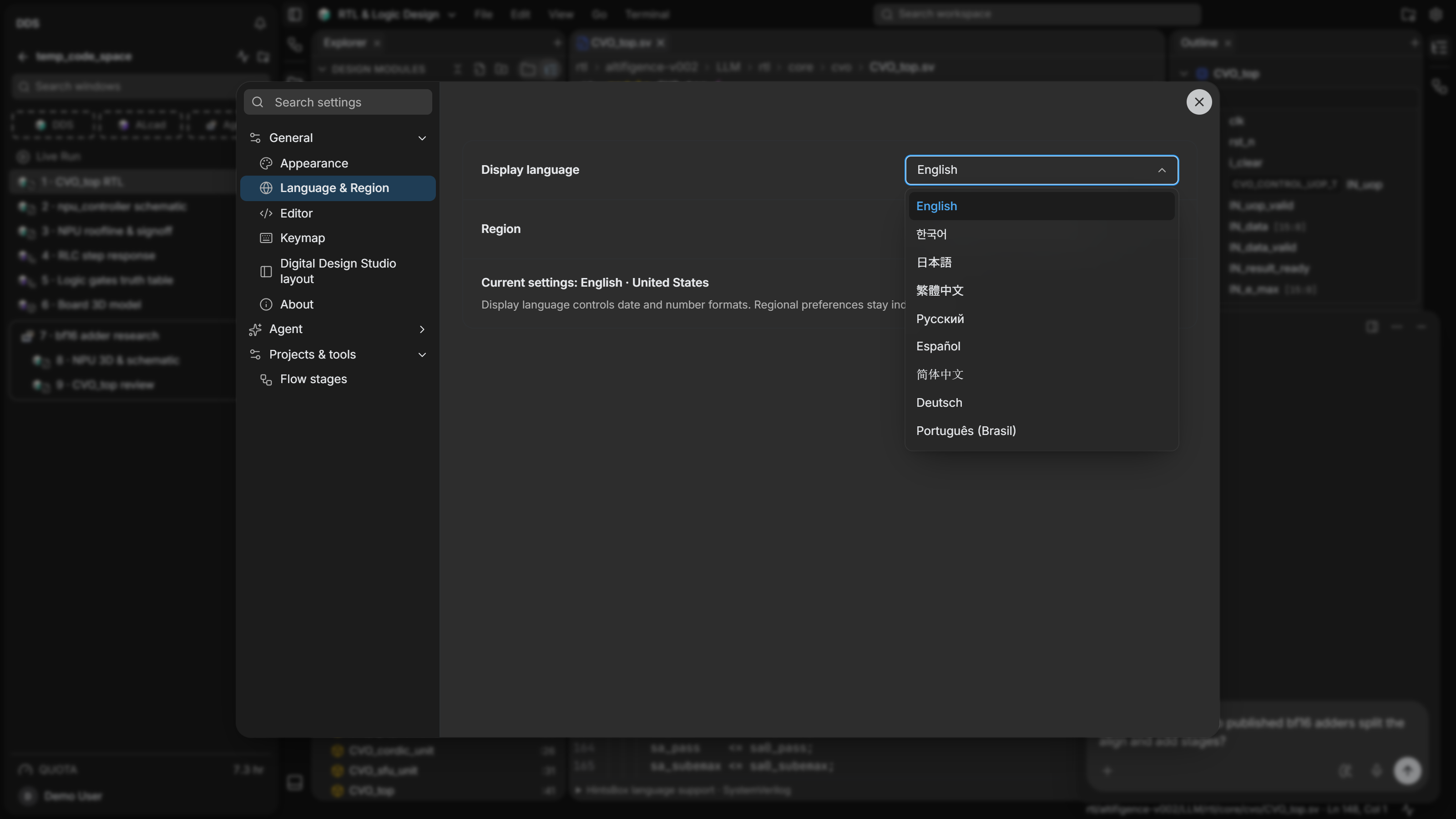The display language list open in Language & Region settings.