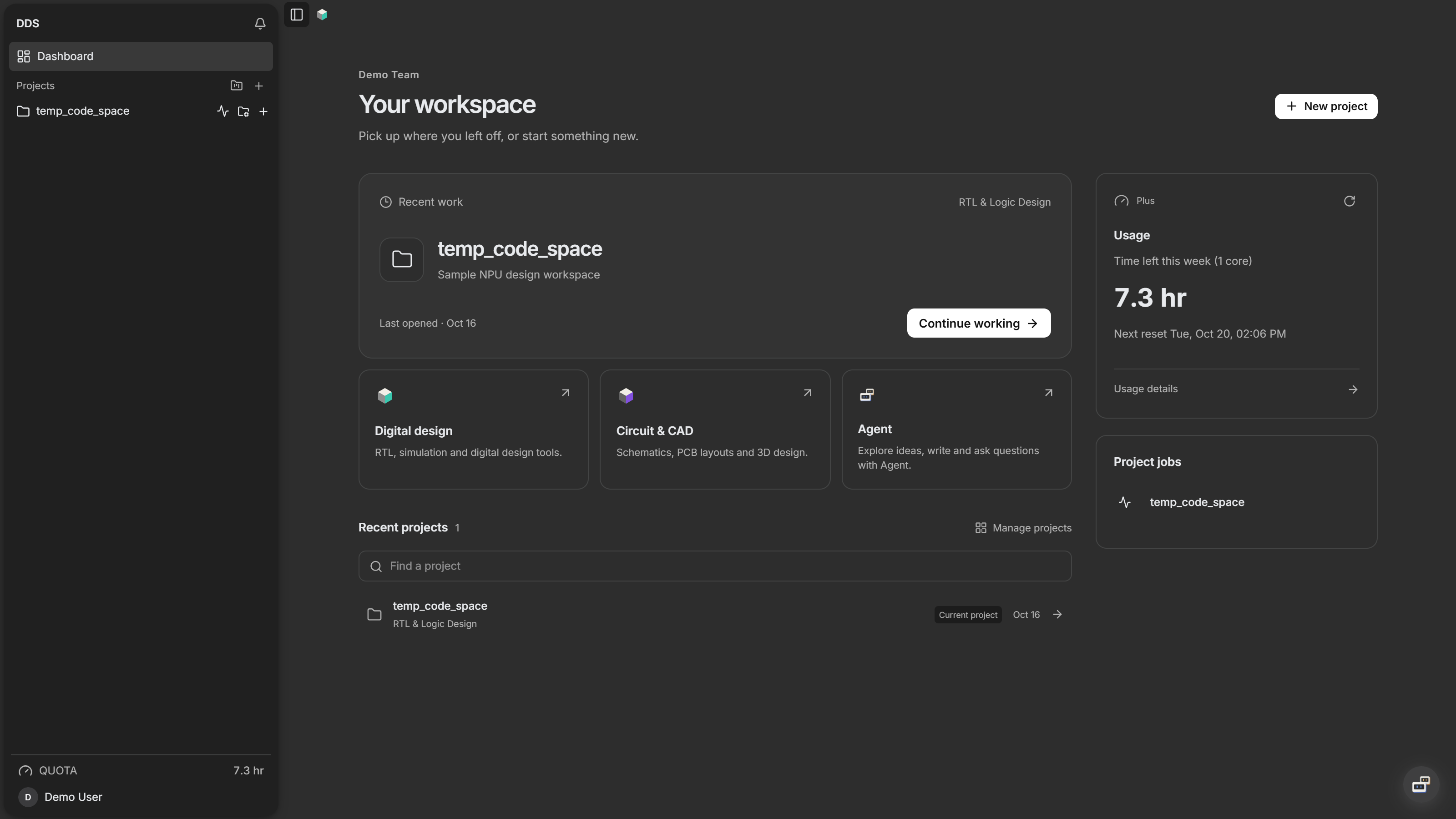 The dashboard Usage card with the Cloud time left this week (1 core) and the next reset.