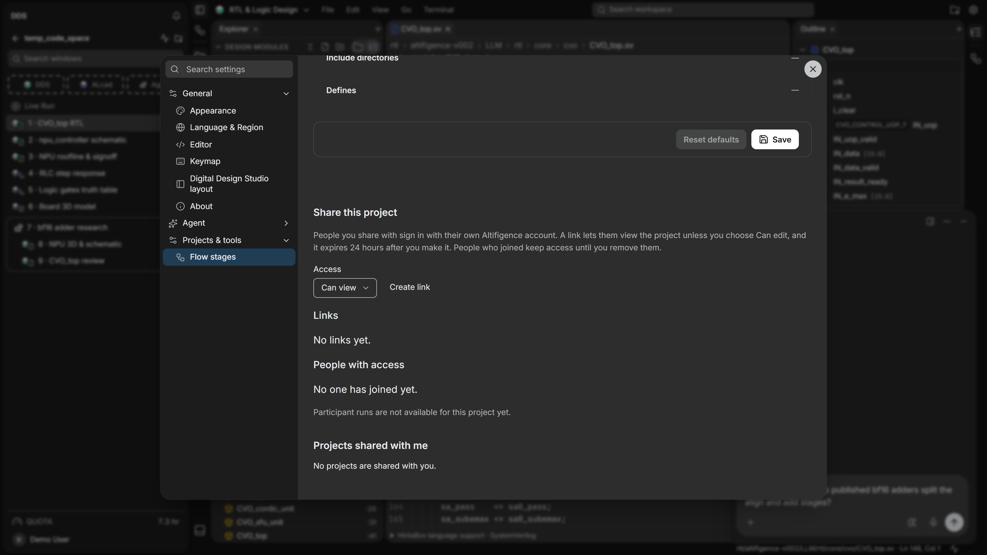 The Share this project panel in settings with Can view access, Create link, the links and people lists, and the note that participant runs are not available yet.